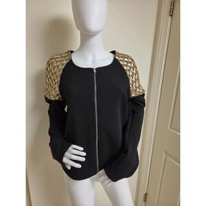 Black Ribbed Knit Full Zip Jacket Gold Sequin Shoulder Raglan‎ Sleeve Cardigan